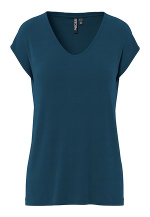 Naister lühikeste varrukatega tume türkiissinine V-kaelusega särk, millel on lõdvestunud lõige ja kaeluse sees must kaubamärgi silt.