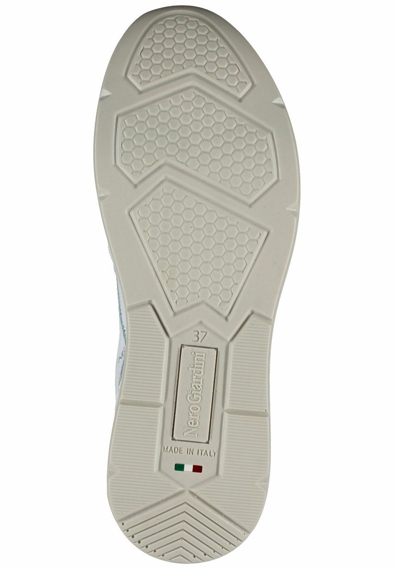 Suola in gomma bianca con motivo esagonale e scanalature. Presenta il marchio "Nero Giardini" e l'etichetta "MADE IN ITALY". Taglia 37 indicata.
