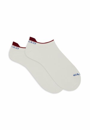 Ankle socks in cream, featuring a maroon ribbed cuff and blue "Gallo" text. Smooth texture with a simple design for everyday wear.