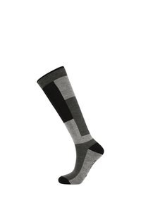 Kniestrümpfe mit einem geometrischen Muster in Schwarz, Dunkelgrau und Hellgrau, einem gerippten oberen Bündchen und verstärktem Zehenbereich.