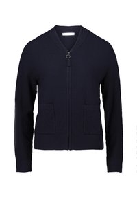 Navy Zip-Up-Kardigan aus strukturiertem Strickstoff mit rundem Kragen, zwei vorderen Taschen und einem kleinen runden Reißverschluss-Zipper.