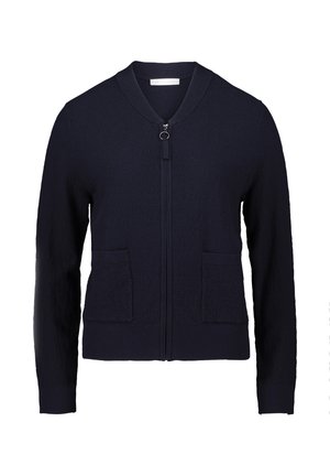Navy Zip-Up-Kardigan aus strukturiertem Strickstoff mit rundem Kragen, zwei vorderen Taschen und einem kleinen runden Reißverschluss-Zipper.
