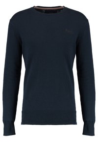 Tmavě modrý svetr z pletené látky, s dlouhými rukávy, kulatým výstřihem, žebrovanými manžetami a lemem a jemným logem.