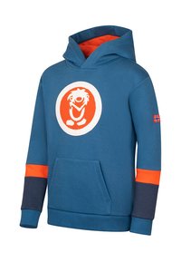 Blauer Kapuzenpullover mit orangefarbenen Akzenten, einer Fronttasche und einem weißen, runden Logo mit einer lächelnden Figur. Auf dem Ärmel ist eine norwegische Flagge abgebildet.