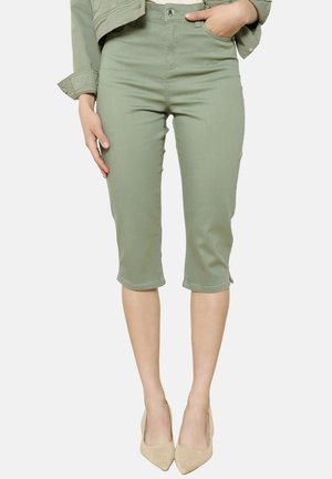 Olive green capri pants with a high waist, made from smooth cotton fabric. Features a button closure and subtle hem detailing.