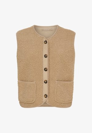 Beige fleece vest med rund hals, frontlukning med knapper og to sidelommer. Har en blød tekstur og kontrastknapper.