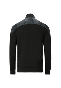 Svart långärmad jacka med hög krage och gråmönstrad panel över axlarna och övre ryggen, visad bakifrån.