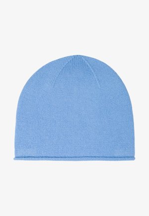 Bonnet tricoté en bleu clair avec un sommet rond sans couture, texture lisse et un revers replié en bas. Couleur unie et simple, sans motifs.