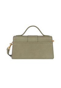 Borsa a tracolla rettangolare in pelle verde con superficie testurizzata, manico superiore, tracolla regolabile e dettagli in metallo dorato.
