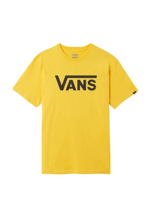 Camiseta de algodón amarilla con un gran logotipo negro de "VANS" en la parte frontal. Mangas cortas y un cuello redondo, textura suave.
