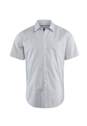 Kurzärmliges Hemd mit Knopfleiste, weißem Stoff und kleinem schwarzem geometrischem Muster, Vorderseite mit Tasche und spitzem Kragen.