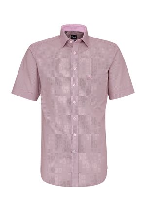 Camicia da uomo a manica corta con bottoni, di colore rosa chiaro con un piccolo motivo geometrico scuro e una fodera interna del colletto rosa chiaro.