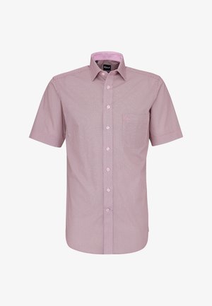 Herren-Kurzarmhemd in Hellrosa mit kleinem dunklem geometrischem Muster und hellrosa innerem Kragenfutter.