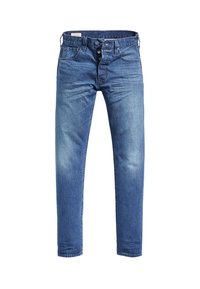 Modré džíny z denimu s úzkým střihem, pěti kapsami, zapínáním na knoflíky a jemným vyblednutím na stehnech. Obsahuje kontrastní švy a koženou nášivku.