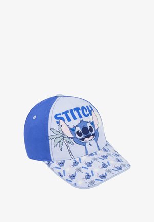 Blaues Baseball-Cap mit einem Cartoon-Charakter, der die Arme hebt, Palmen und wiederholte Muster des Charakters auf dem Schild.