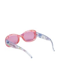Pink sunglasses with tinted lenses; arms feature colorful cartoon patterns and a transparent design with a glittery texture.