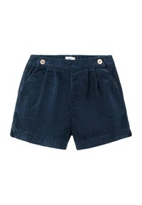 Pantaloni corti di velluto a coste blu marina con un design a pieghe, due tasche laterali e una chiusura con un solo bottone in vita. Texture morbida con righe verticali.