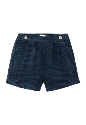 Shorts en velours côtelé bleu marine avec un design plissé, deux poches latérales et une fermeture à un bouton à la taille. Texture douce avec des rayures verticales.