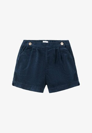 Shorts en velours côtelé bleu marine avec un design plissé, deux poches latérales et une fermeture à un bouton à la taille. Texture douce avec des rayures verticales.