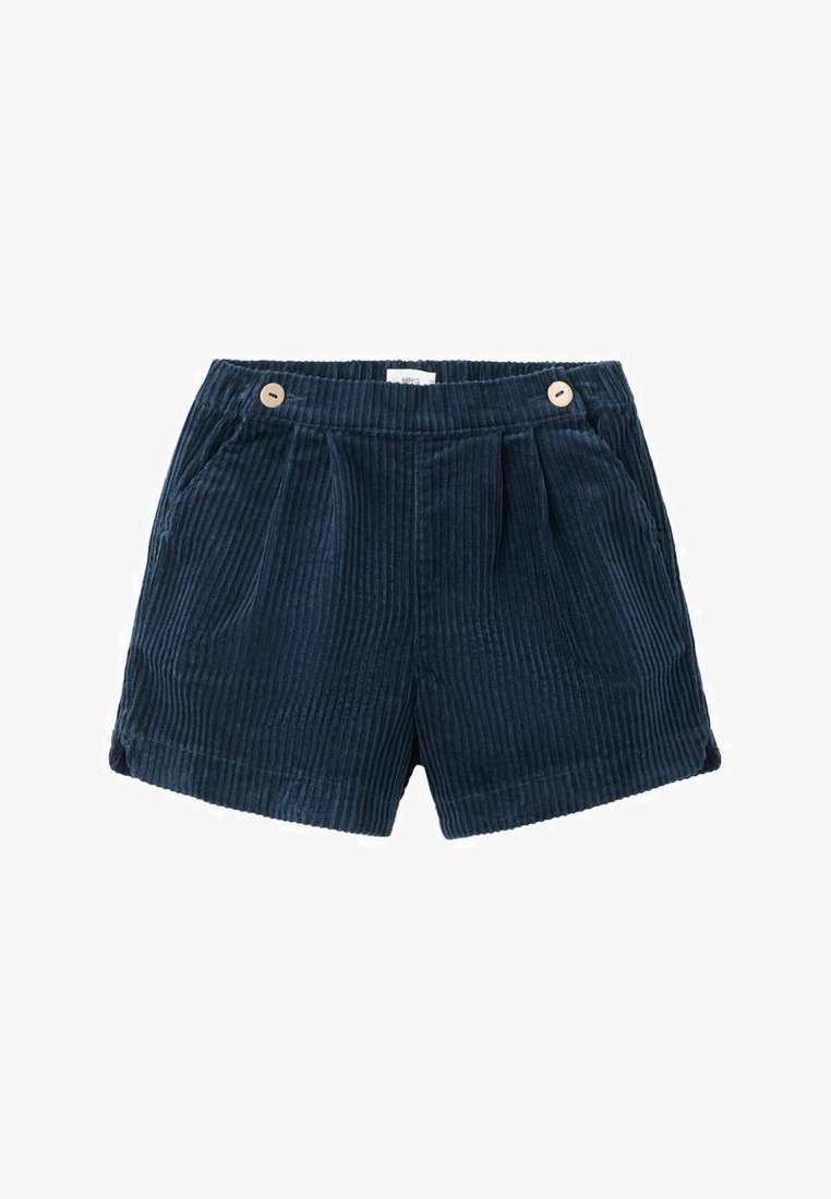 Marine corduroy korte broek met een geplooid ontwerp, twee zijzakken en een enkele knoopsluiting aan de taille. Zachte textuur met verticale strepen.