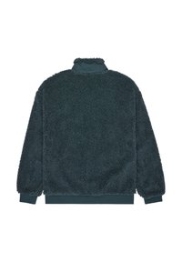 Luddig, mörk teal pullovär jacket med hög krage, långa ärmar och ribbade manschetter. Tyget har en mjuk, strukturerad yta.