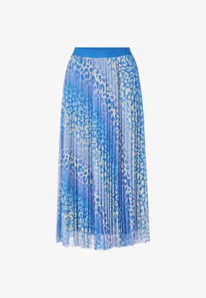 Pleated midi skirt in gradient shades of blue with a leopard print pattern; features a solid blue elastic waistband and a flowy, lightweight fabric.