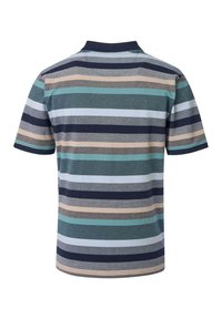 Short-sleeve polo shirt featuring horizontal stripes in navy, teal, beige, and grey. Ribbed collar with a smooth, textured fabric.