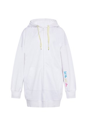 Felpa bianca con zip, dotata di una grande tasca frontale, vestibilità oversize, polsini elastici e cordini gialli; presenta un testo colorato sul manica sinistra.
