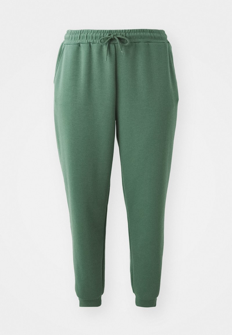 Green sweatpants made of soft fabric with an elastic waist, drawstring, and tapered cuffs. Features side pockets for convenience.