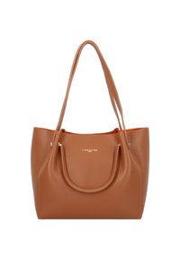 Sac tote en cuir brun avec surface texturée, deux poignées fines, quincaillerie dorée et intérieur rouge contrastant. Logo de la marque affiché.