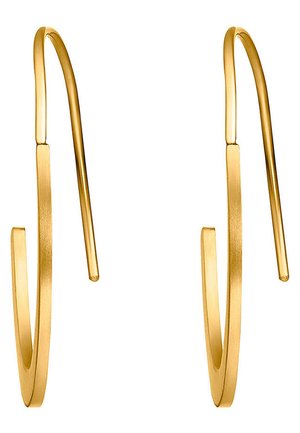 Goldfarbene Creolen mit einem schlanken, elongated Design. Sie zeichnen sich durch eine glatte, polierte Oberfläche aus und haben eine kreisförmige Form mit offenen Enden.