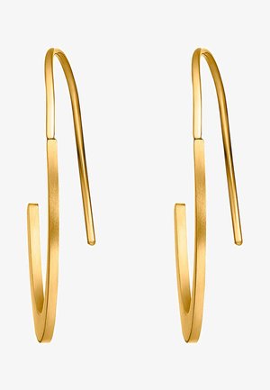 Goldfarbene Creolen mit einem schlanken, elongated Design. Sie zeichnen sich durch eine glatte, polierte Oberfläche aus und haben eine kreisförmige Form mit offenen Enden.
