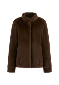 Giacca in pelliccia sintetica marrone con colletto alto, chiusura frontale con bottoni e tasche laterali. Texture soffice e design elegante.