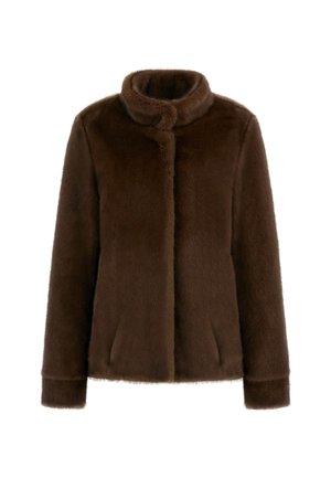 Brązowa kurtka z futra syntetycznego z wysokim kołnierzem, zapięciem na guziki z przodu oraz bocznymi kieszeniami. Miękka tekstura i elegancki design.