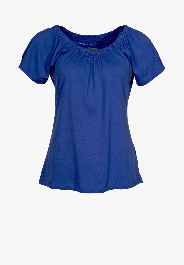 Blouse femme bleue à manches courtes avec encolure arrondie froncée élastique et coupe décontractée sur fond blanc.