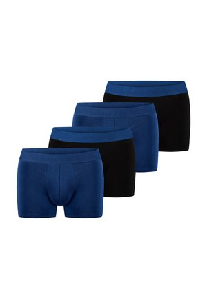 Vier Paar Herren-Boxershorts in abwechselnd schwarzen und blauen Farben mit passenden blauen Taillenbändern, in einer Reihe angeordnet.