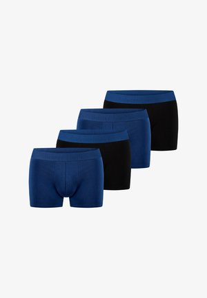 Four pairs of men's boxer briefs in alternating black and blue colors with matching blue waistbands, arranged in a row.