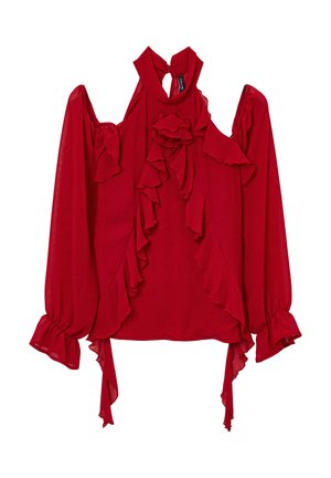 Blusa rossa con dettagli sbuffati, spalle scoperte, collo alto e maniche lunghe a palloncino. Tessuto morbido con lacci in vita e alle maniche.