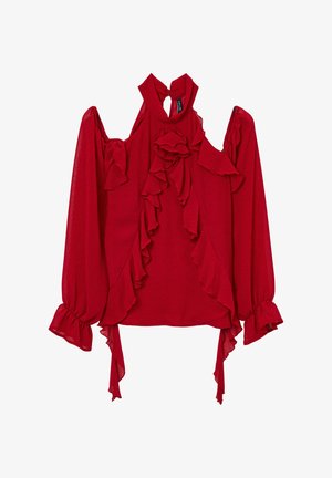 Blusa rossa con dettagli sbuffati, spalle scoperte, collo alto e maniche lunghe a palloncino. Tessuto morbido con lacci in vita e alle maniche.