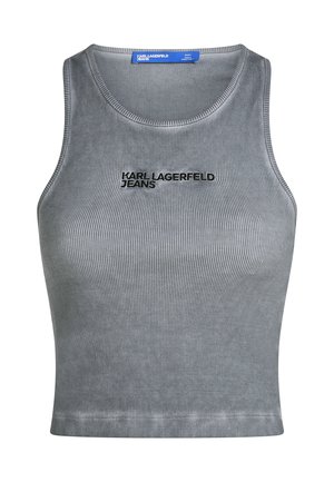 Grå ribbad tanktop med rund halsringning. Har "KARL LAGERFELD JEANS" broderat i svart. Slät textur, kort längd.