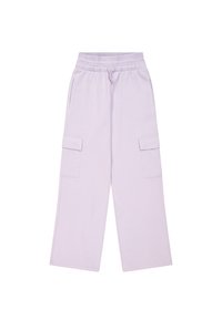 Lila cargobroek met een trekkoord in de taille, twee zijzakken en ruime, wijd uitlopende pijpen. De stof heeft een zachte textuur en een elastische tailleband.