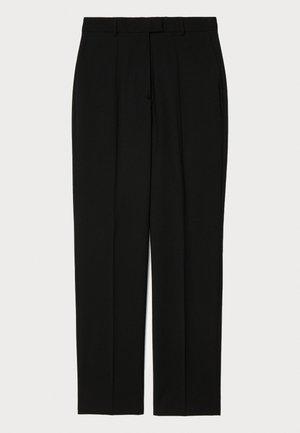 Črne hlače iz gladkega blaga, z ravnim krojem, dvema sprednjima gube ter tradicionalnim pasom z zankami za pas.