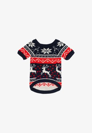 Strickpullover für Haustiere in Dunkelmarine mit rotem und weißem Fair-Isle-Muster, das Rentier und Schneeflocken zeigt. Mit kurzen Ärmeln und geripptem Kragen.