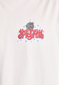 White cotton t-shirt featuring a graphic design with red text reading "the new originals" and a black disco ball surrounded by blue stars.
