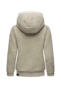 Veste à capuche en polaire vert clair avec une finition douce et texturée, des poignets et un ourlet côtelés, ainsi qu'une capuche doublée pour un confort supplémentaire.