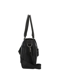 Bolso de mano de cuero negro con forma estructurada, asas cortas, correa de hombro desmontable, cierre de cremallera y bolsillo lateral con herrajes metálicos.