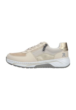 Beige and gold lace-up sneaker with side zipper, mesh panel, cushioned white sole, and grey tread, viewed from the outer side.