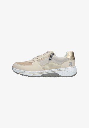 Beige and gold lace-up sneaker with side zipper, mesh panel, cushioned white sole, and grey tread, viewed from the outer side.