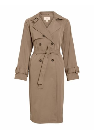 Beige kaksirivinen trenssitakki, jossa vyötäröllä vyö ja jämäkkä kaulus. Ominaisuuksina napilliset hihansuut ja sileä, teksturoitu kangas.