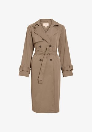Beige trenchcoat met een dubbelbreasted ontwerp, een taille met ceintuur en een gestructureerde kraag. Heeft afgeronde manchetten met knopen en een gladde, gestructureerde stof.